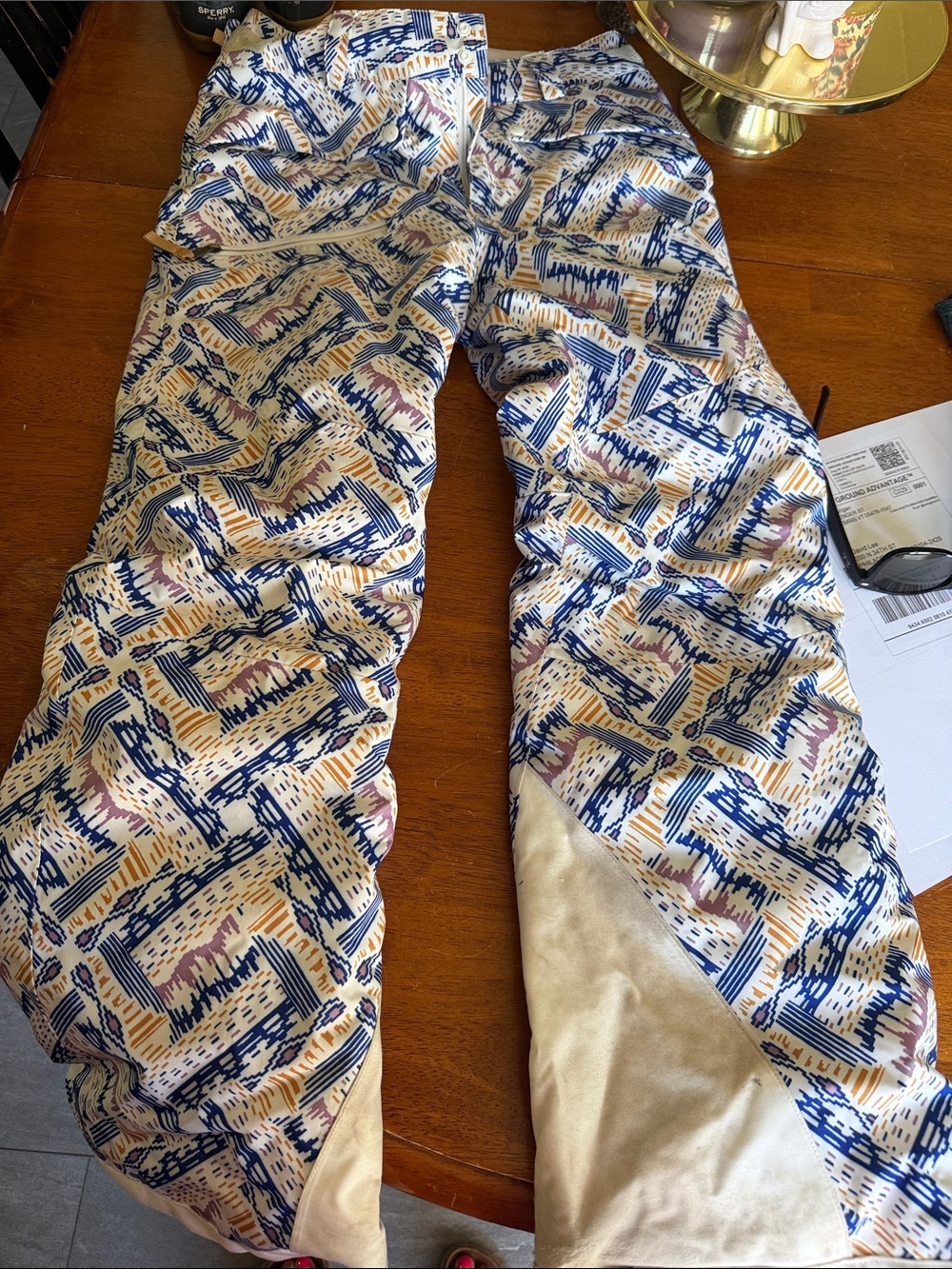 Patagonia Blue, Beige, Tan Abstract Print Ski Pants